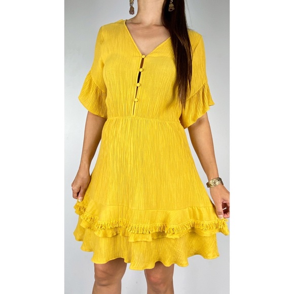 Dotti Yellow Bell Sleeve Fringed Hem 